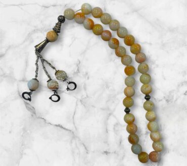 Beautiful Tasbeeh White & Yellow Shades Aqeeq With Chain High Quality Stones | Size 33 Beads , 12mm