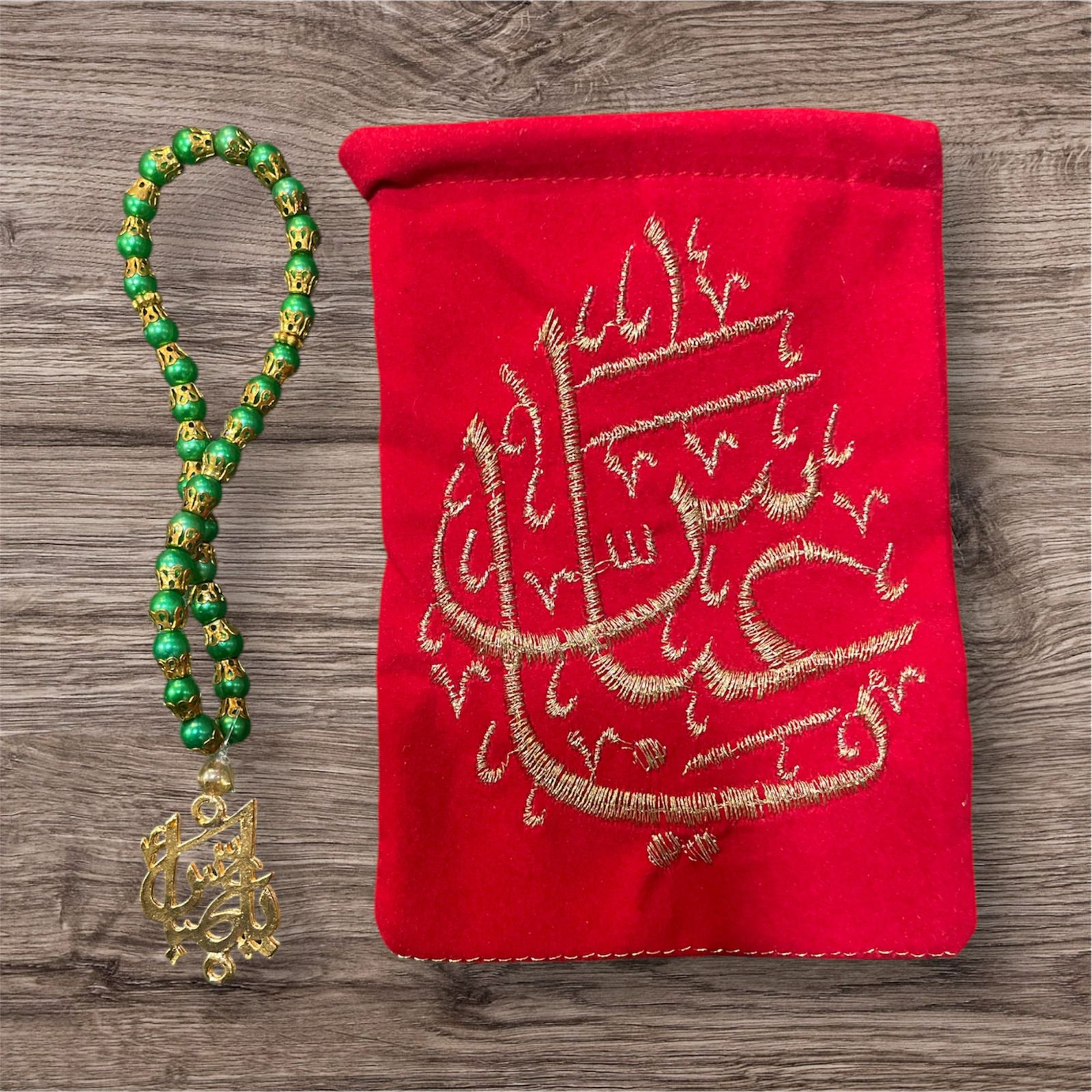 Beautiful Green Tasbeeh Mola Abbas AS With Red Pouch