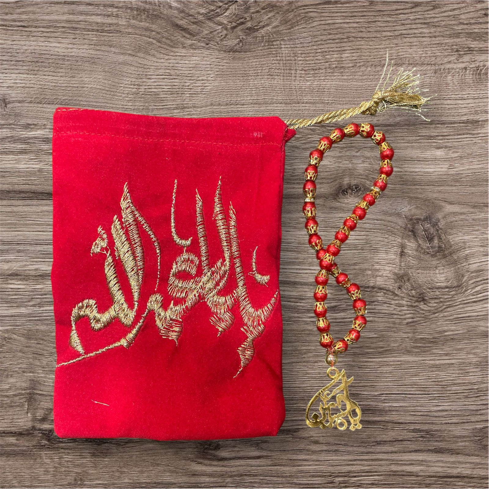 Beautiful Red Tasbeeh Mola Hussain AS With Red Pouch Front Side Imam Hussain AS Name & Back Side Mola Abbas AS Work Embroidery
