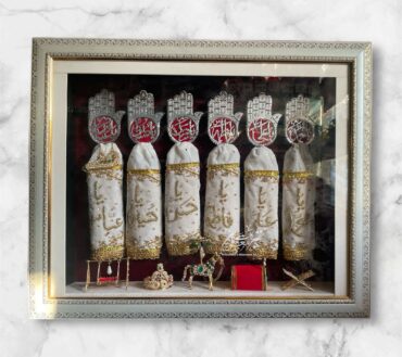 Beautiful Panjetan AS & Mola Abbas AS 6 Alam Set | Patka Fabric Work Cora Dapka , Panja Silver Cutting High Quality Ziyarat All Manjus Work Stones + High Quality Frame With Light