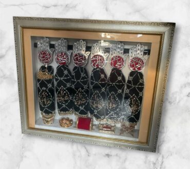 Beautiful Panjetan AS & Mola Abbas AS  Alam Set | Patka Fabric Black Colour Velvet Work Cora Dapka , Panja Silver Cutting High Quality Ziyarat All Manjus Work Stones + High Quality Frame With Light