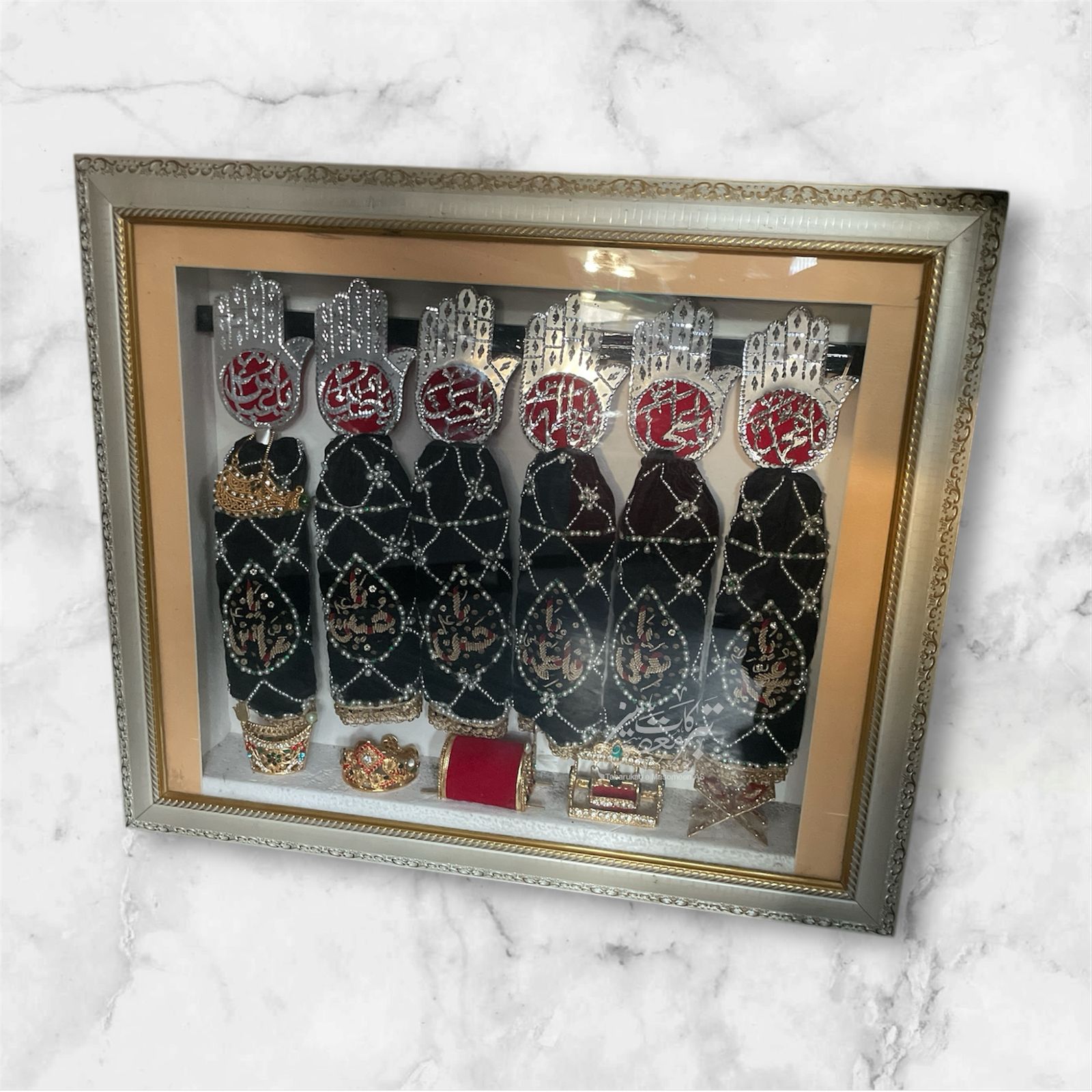 Beautiful Panjetan AS & Mola Abbas AS Alam Set | Patka Fabric Black Colour Velvet Work Cora Dapka , Panja Silver Cutting High Quality Ziyarat All Manjus Work Stones + High Quality Frame With Light