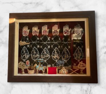 Beautiful Panjetan AS & Mola Abbas AS  Alam Set | Patka Fabric Black Colour Velvet Work Cora Dapka , Panja Silver Cutting High Quality Ziyarat All Manjus Work Stones + High Quality Frame With Light