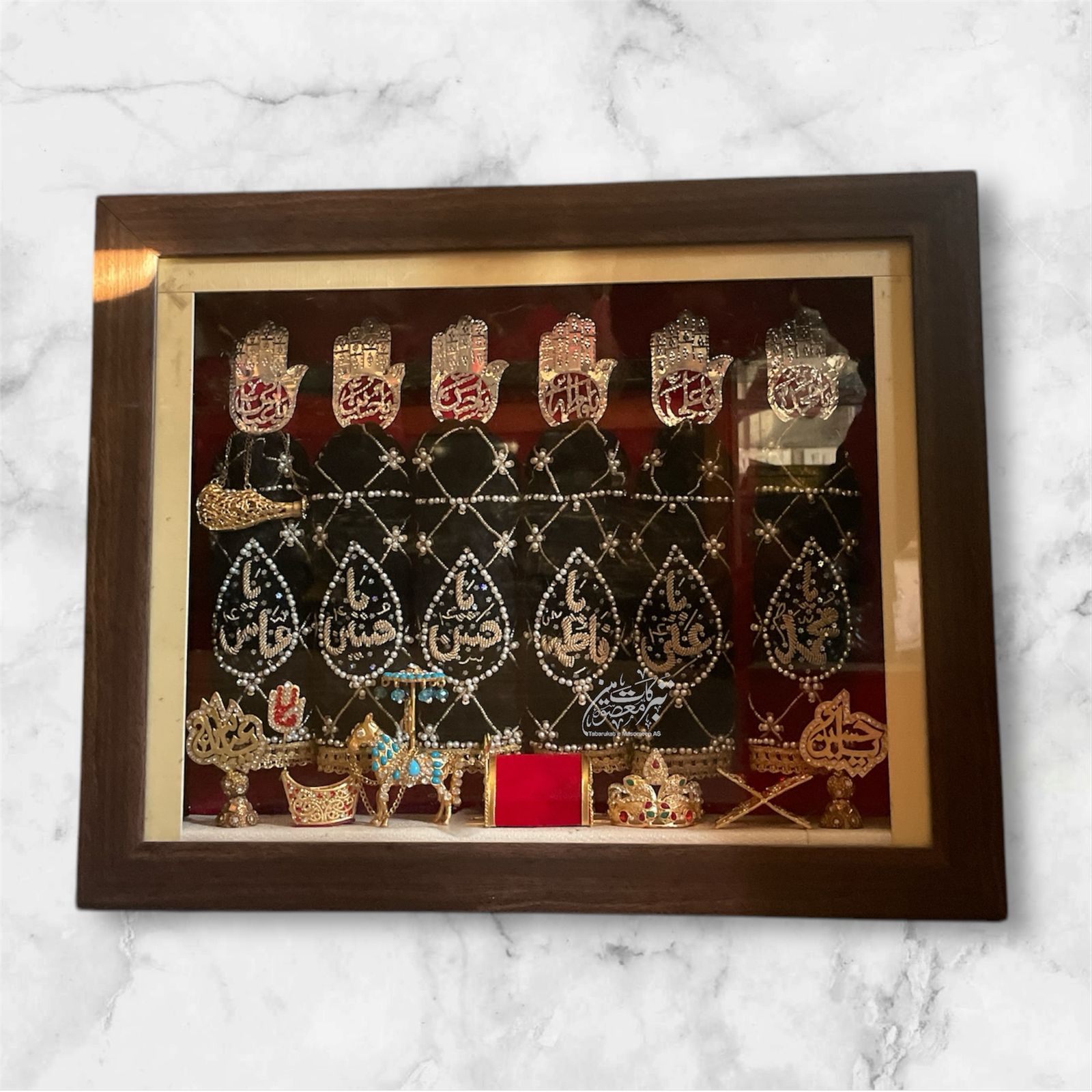 Beautiful Panjetan AS & Mola Abbas AS Alam Set | Patka Fabric Black Colour Velvet Work Cora Dapka , Panja Silver Cutting High Quality Ziyarat All Manjus Work Stones + High Quality Frame With Light