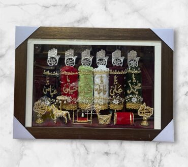 Beautiful Panjetan AS & Mola Abbas AS  Alam Set | Patka Fabric Multi Colour Velvet Work Cora Dapka , Panja Silver Cutting High Quality Ziyarat All Manjus Work Stones + High Quality Frame With Light