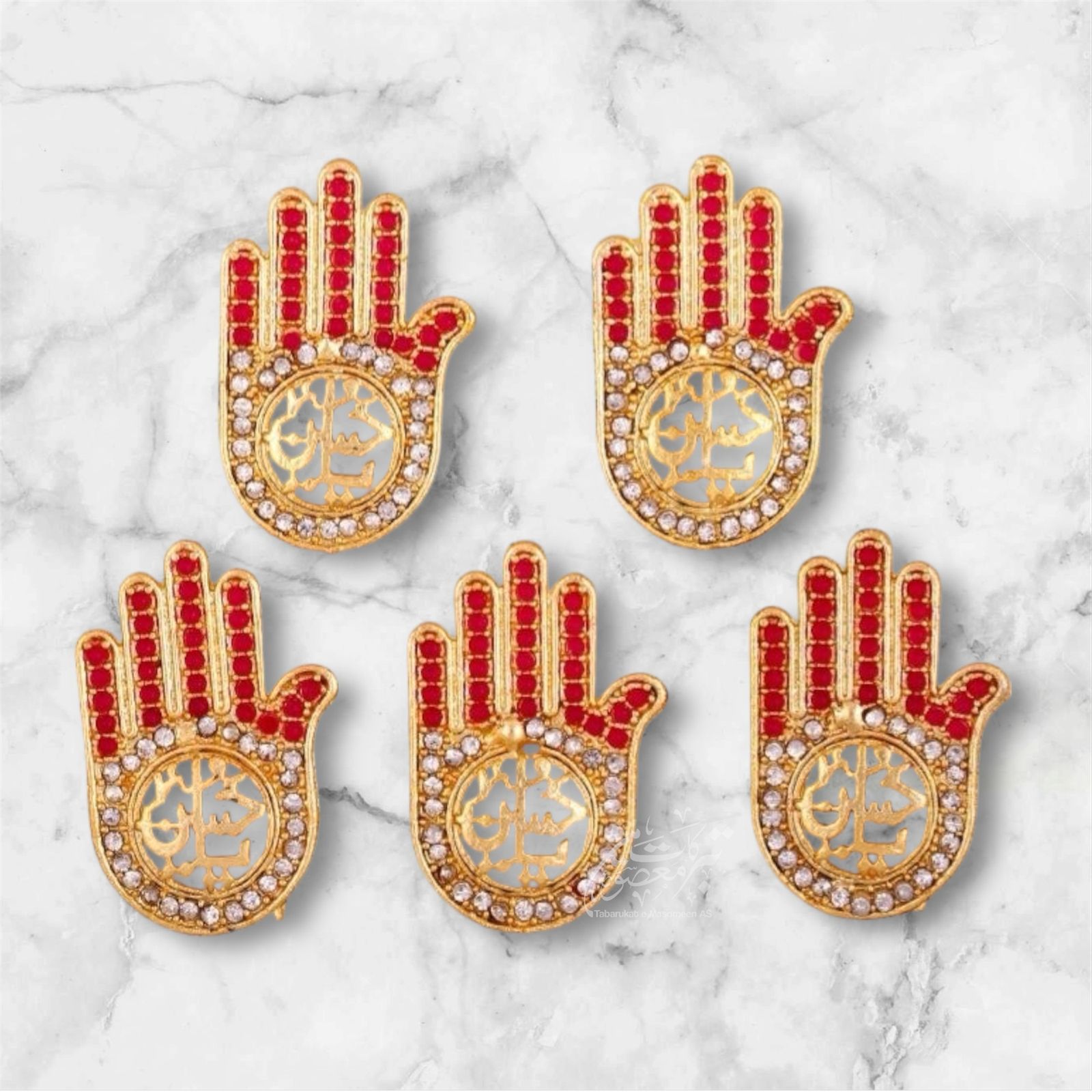 Ya Hussain Panja Badges With Red Stones Work | 12pcs Pack